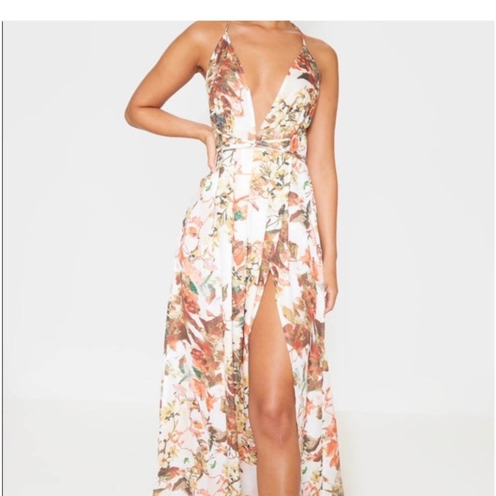 PrettyLittleThing White Floral Plunge Maxi Dress with Peach & Green Print